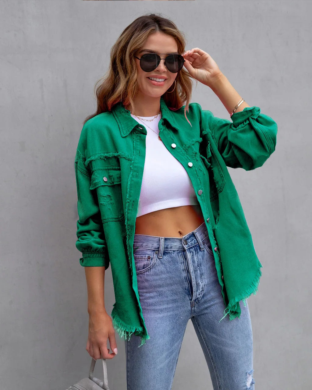 Veste en Jean Femme Bords Bruts Troués – Style Chemise Casual | Printemps Automne Tendance 2025