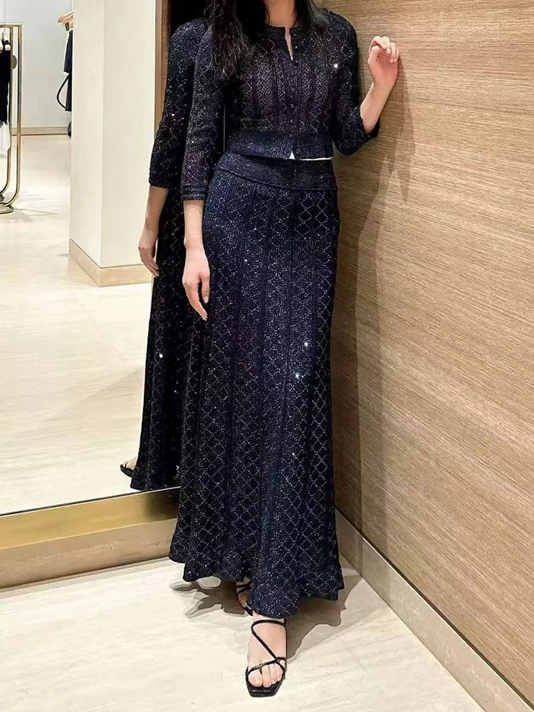 Ensemble Tricot Femme Cardigan Ajouré Col Rond Sans Manches Top Maille Élégant & Jupe Mi-longue – Tenue Chic Printemps | Mode 2026