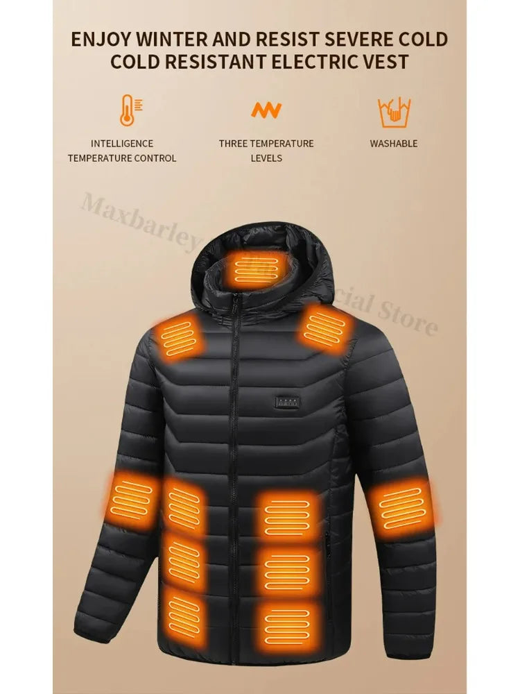 Beheizbare Herrenjacke Winter USB Elektrisch 21 Heizzonen – Selbstbeheizter Mantel Skifahren Schnee Outdoor Steppweste | Herren Premium Tech Mode