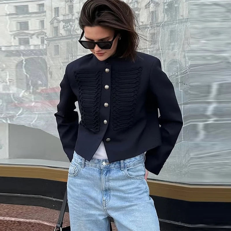 Veste Femme Velours Noir Franges Boutons Nœuds Ourlet Asymétrique Manches Longues Slim – Élégante Streetwear & Bureau
