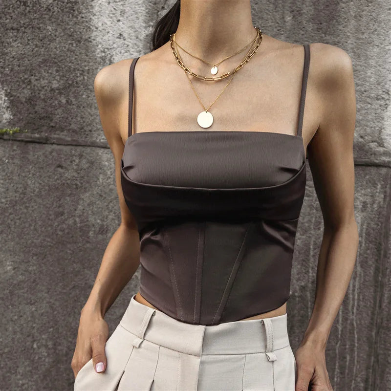 Crop Top Bretelles Fines Bandage Dos Nu & Lacets - Sexy Skinny Streetwear Soirée Femme Été
