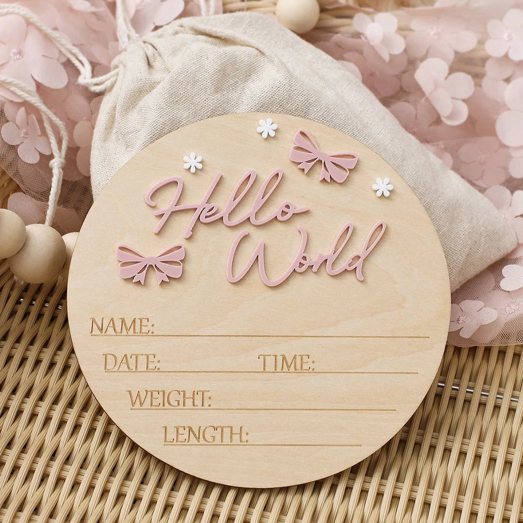 Pancarte Naissance Bébé « Hello World » – Déco Maternité Rose Poudré Papillon Étoile Photo Nouveau-Né