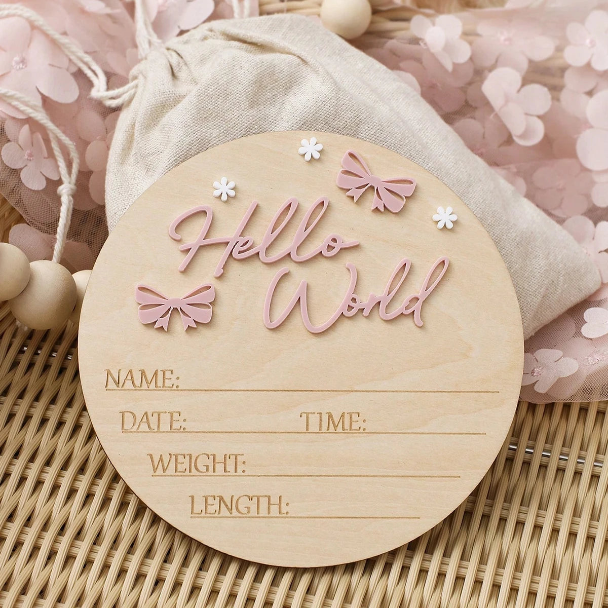 Pancarte Naissance Bébé « Hello World » – Déco Maternité Rose Poudré Papillon Étoile Photo Nouveau-Né
