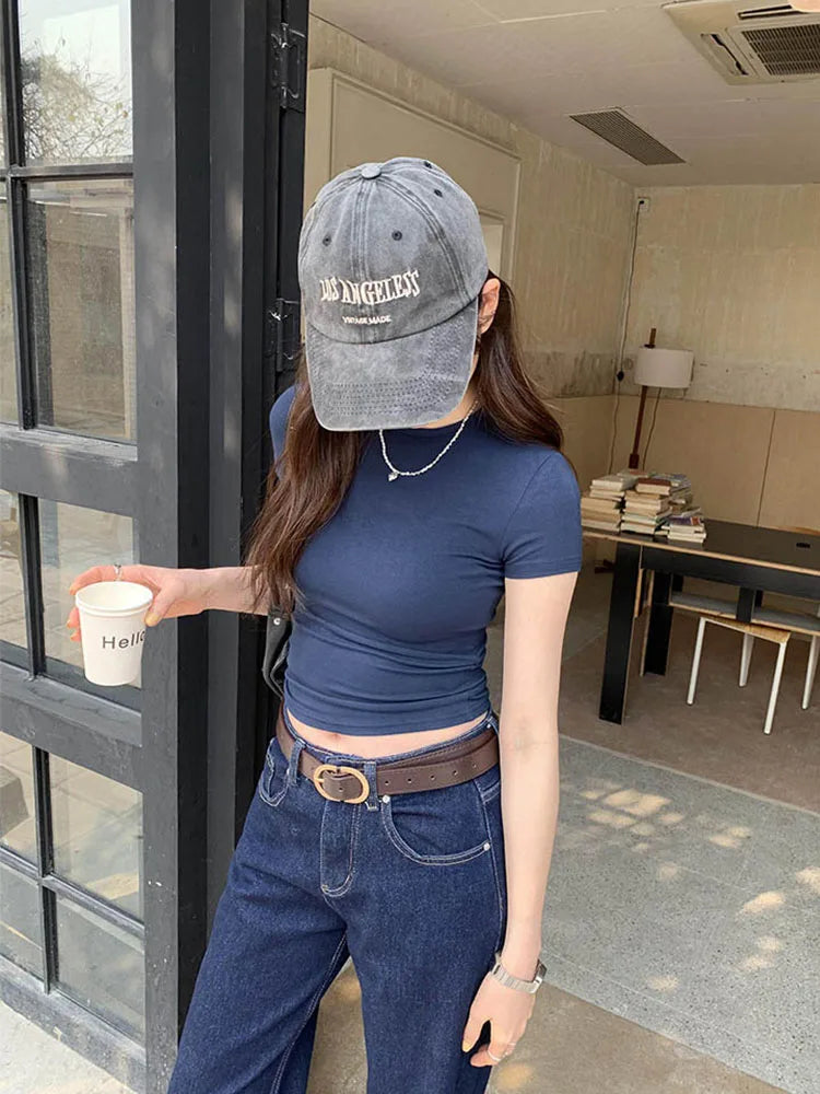 Crop Top Basique Uni Femme – Manches Courtes Col Rond Ajusté | Style Y2K Vintage Harajuku Streetwear