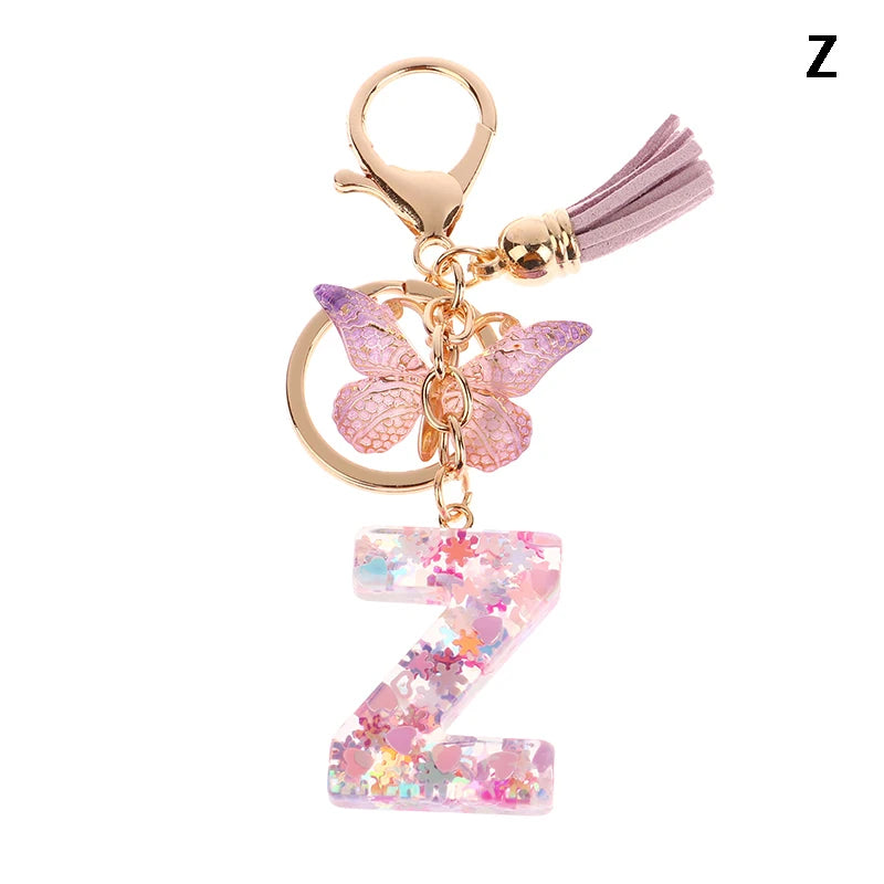 Porte-Clés Lettre Initiale Sequins Femme – Pendentif Papillon Pompon Sac Voiture Bijou