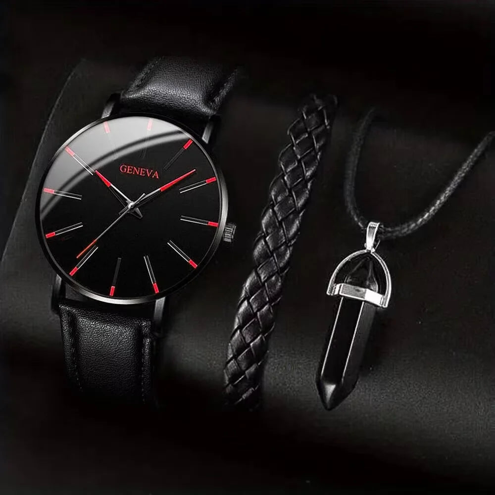 Coffret 3 Pièces Homme Montre Quartz Cuir + Bracelet + Collier – Set Business Fashion Élégant