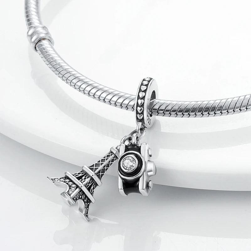 Charm Perle Argent 925 DIY — Avion Tour Appareil Photo Bracelet Collier Femme