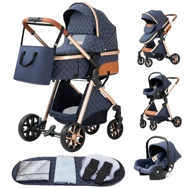 Poussette Bébé 3 en 1 Pliable Aluminium – Haute Vue, Nacelle & Siège, Voyage Compact | Nouveau-Né & Nourrisson