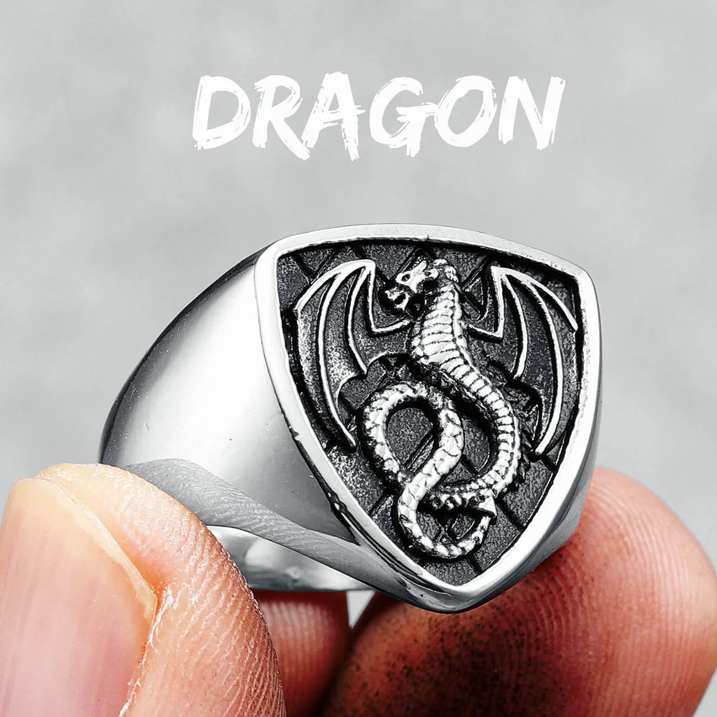 Bague Dragon Bouclier Acier 316L Homme — Style Rock Punk Viking Biker Retro