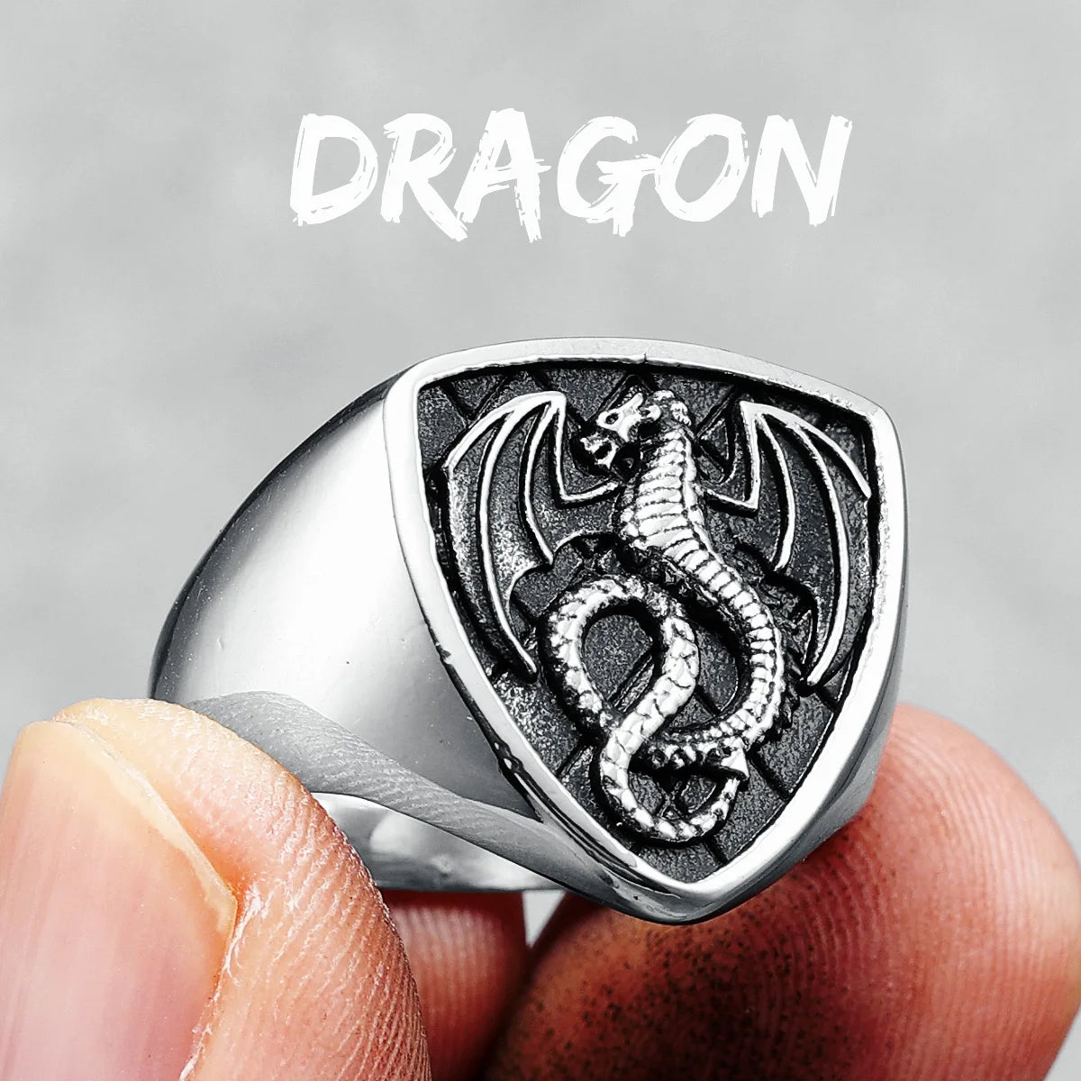 Bague Dragon Bouclier Acier 316L Homme — Style Rock Punk Viking Biker Retro