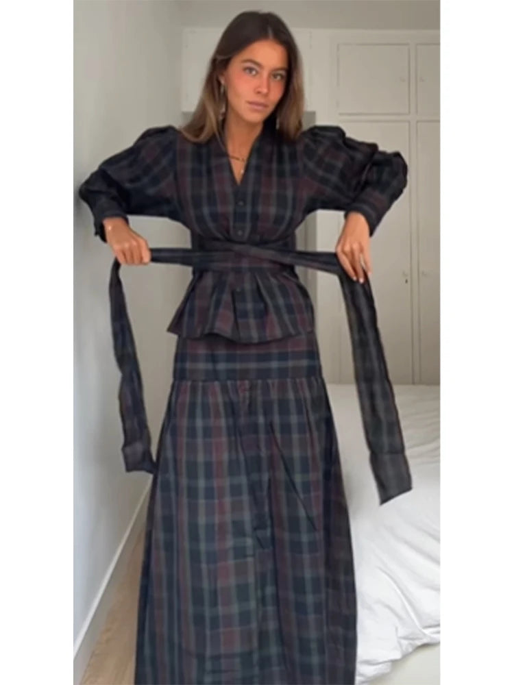 Ensemble 2 Pièces Femme Veste À Carreaux Manches Lanterne Lacets Plissée & Jupe Longue – Tenue Bureau Casual Chic Élégante | Mode