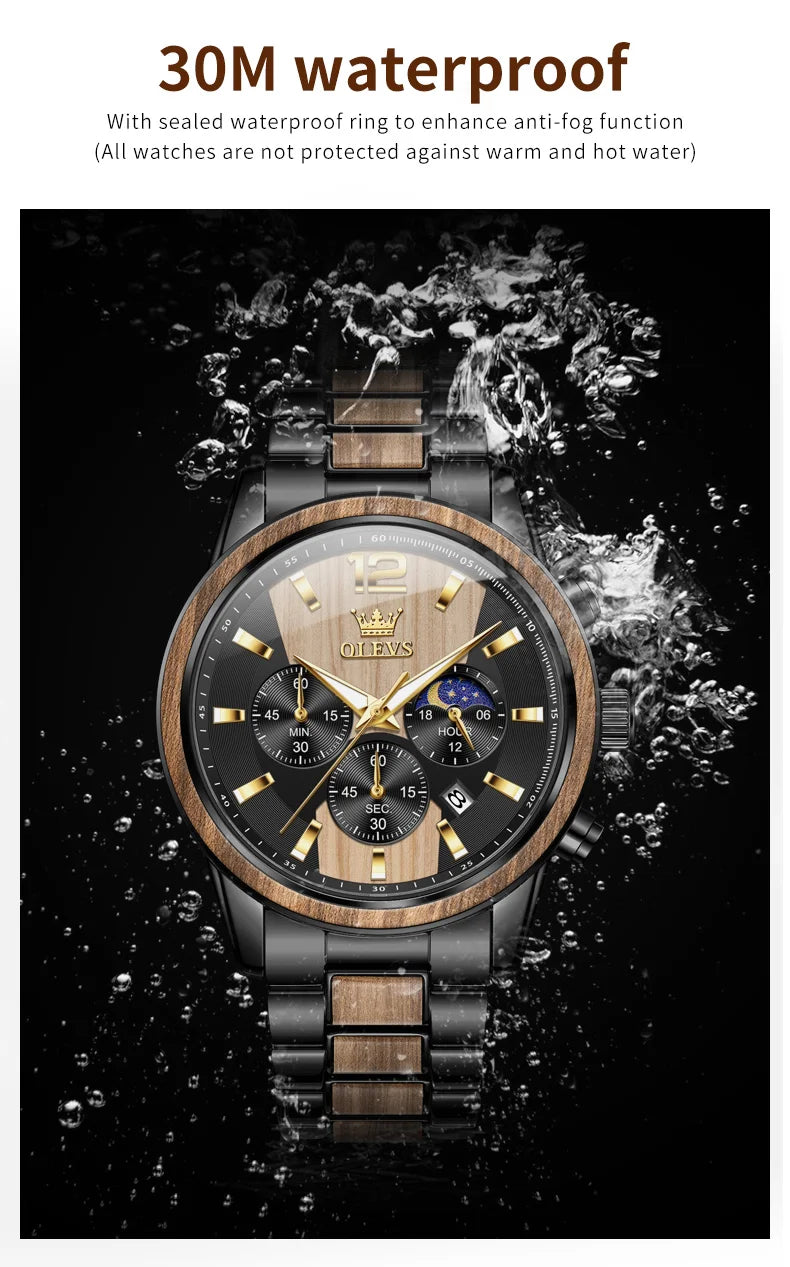 Montre Homme OLEVS Luxe Quartz – Bracelet Acier & Bois Santal Rouge Lumineux Étanche Calendrier