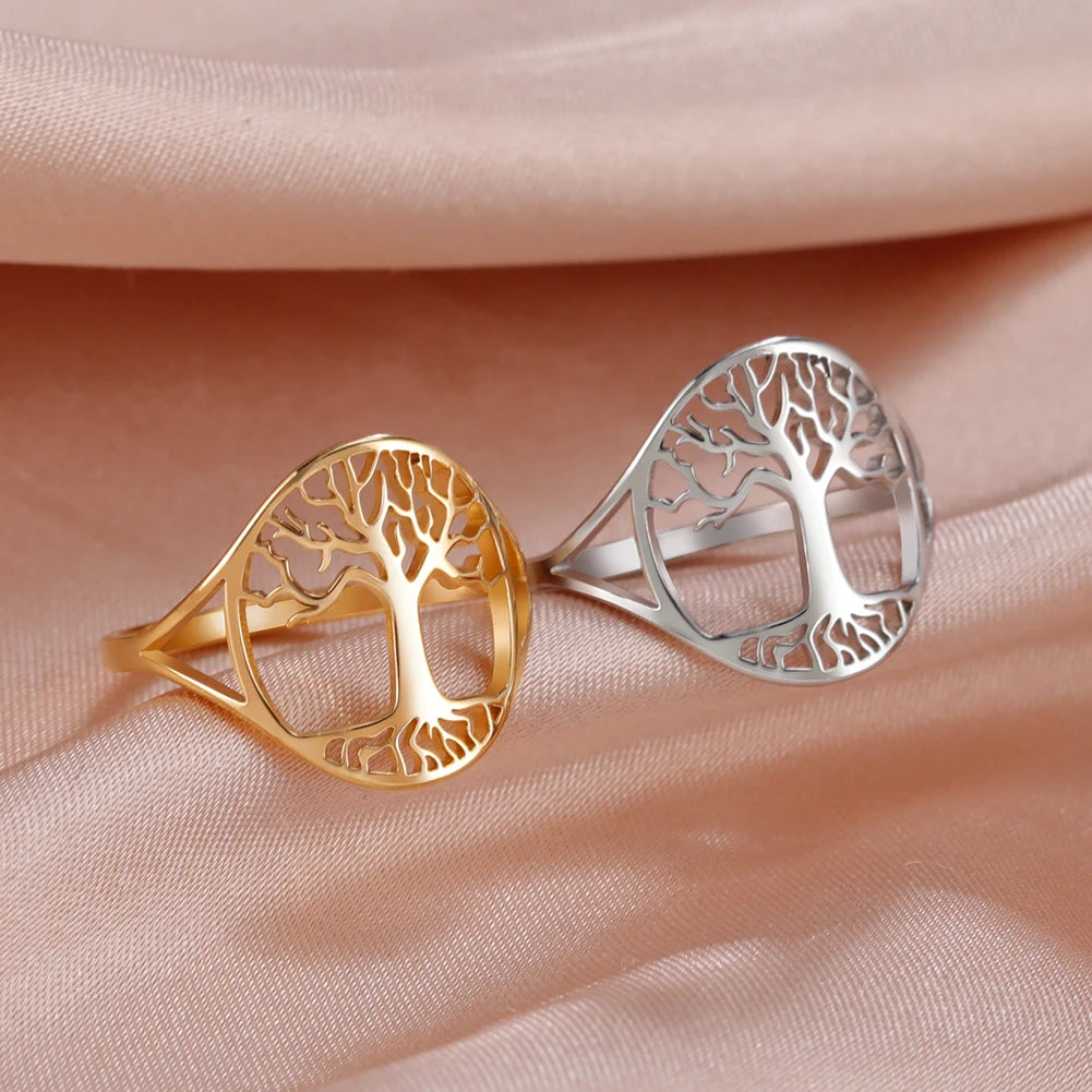 Bague Arbre de Vie Acier Inoxydable Argenté – Symbole Nature & Spiritualité | Bijou Unisexe Couple & Mariage | Cadeau Intemporel