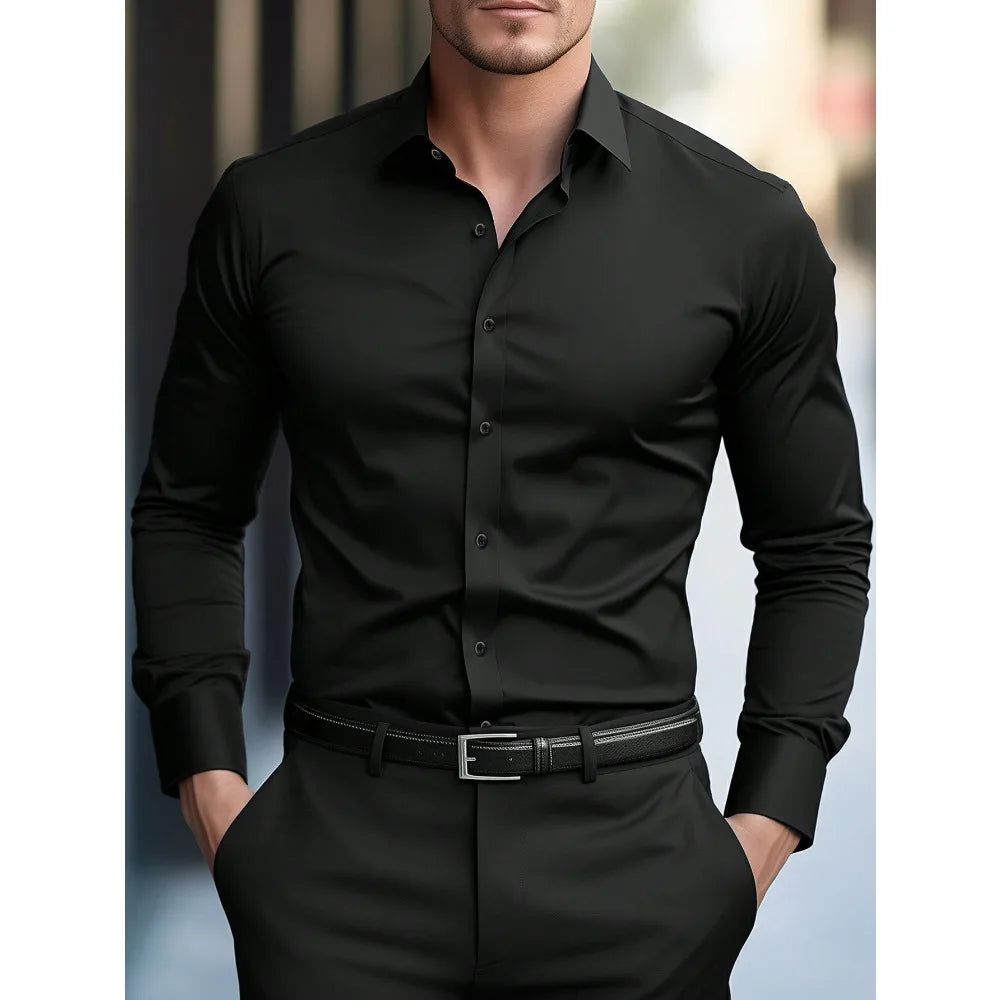 Chemise Homme Manches Longues Tissu Élastique Couleur Unie Multi-Couleurs Qualité Premium Basique Intemporelle Confortable Élégante Polyvalente – Chemise Premium Manches Longues Élastique Couleur Unie Multi-Couleurs | Mode Homme Chemise Premium