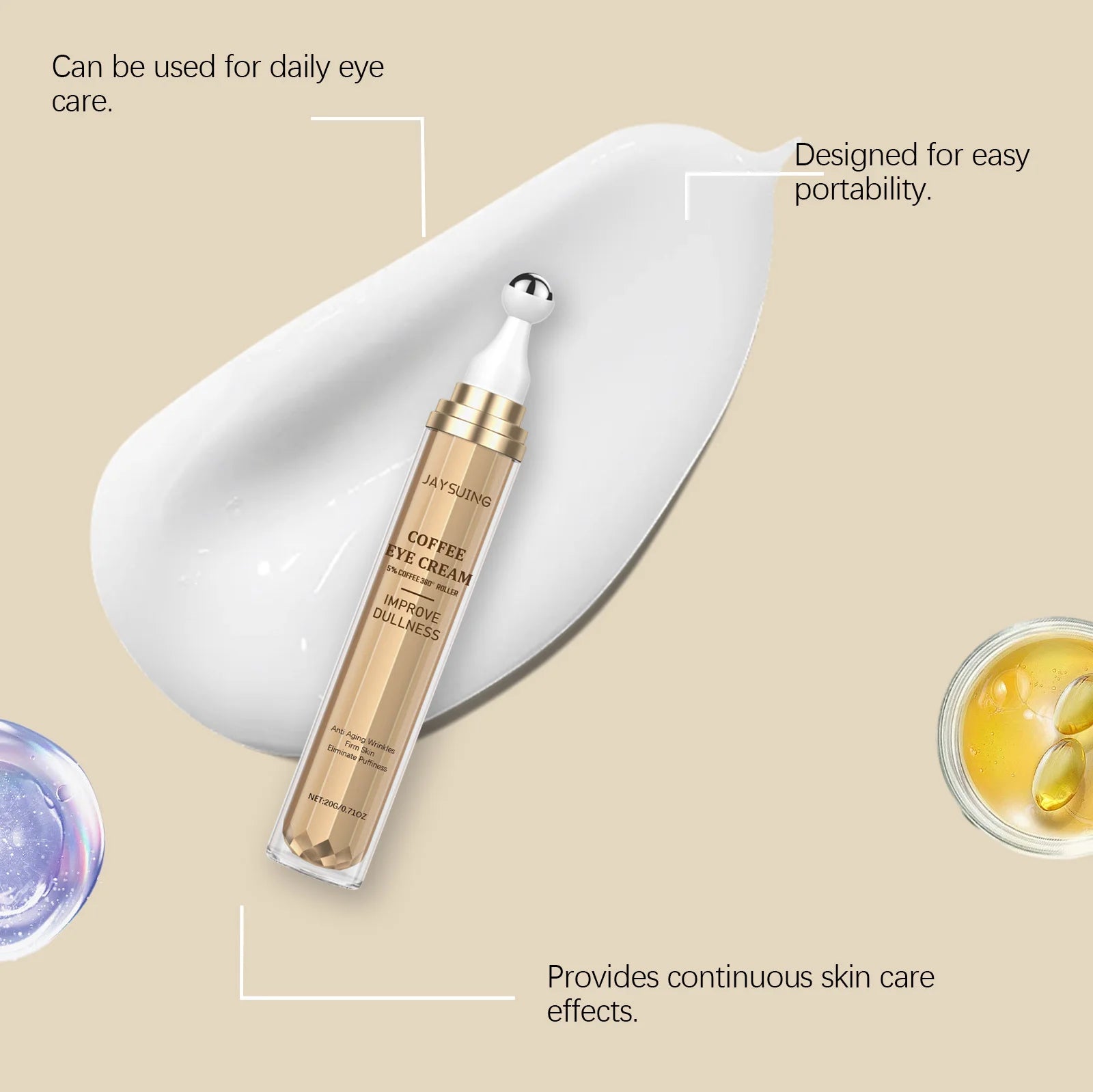 Crème Contour des Yeux Caféine – Anti-Cernes Poches Ridules Liftant Roller Massage