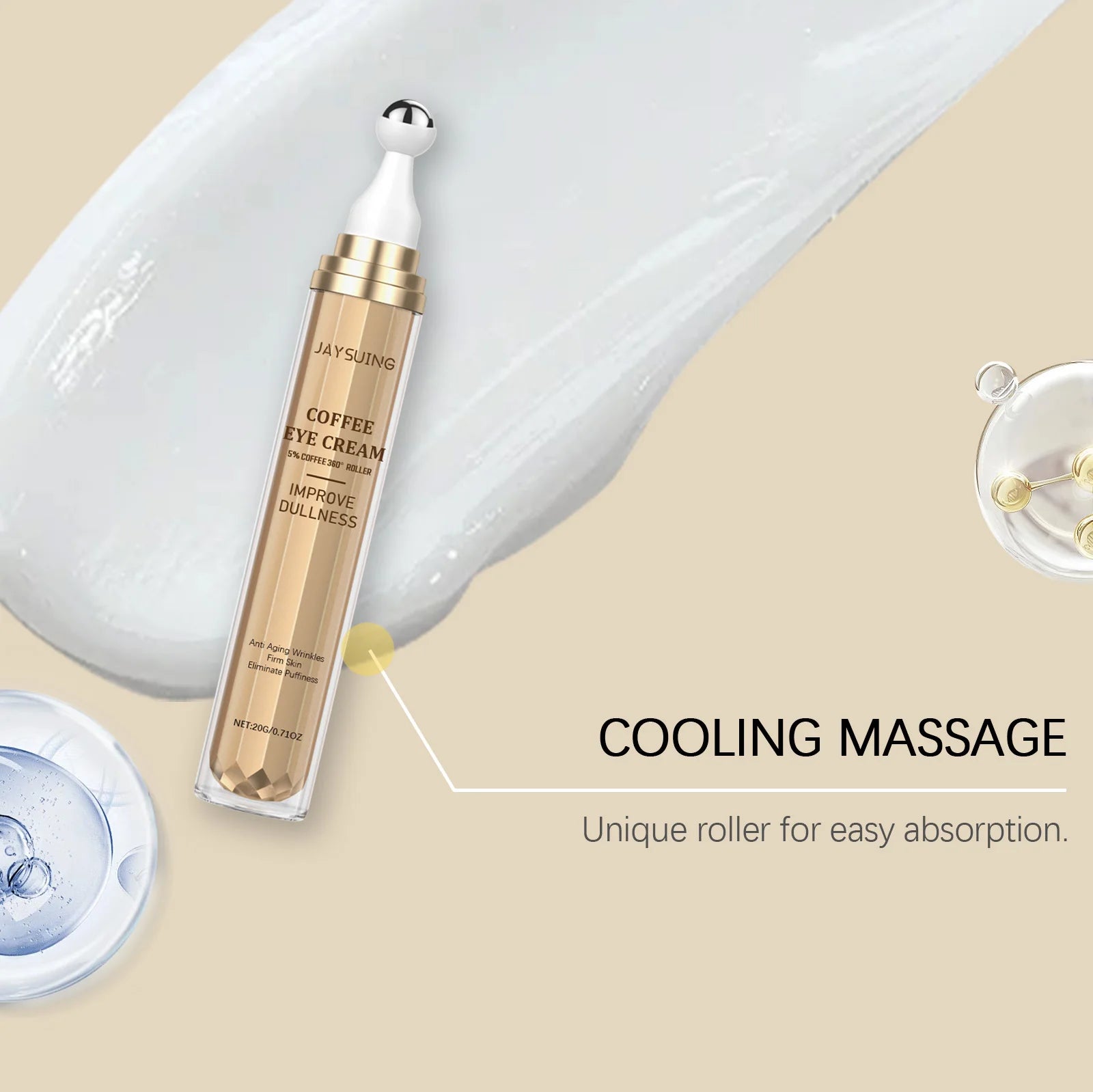 Crème Contour des Yeux Caféine – Anti-Cernes Poches Ridules Liftant Roller Massage