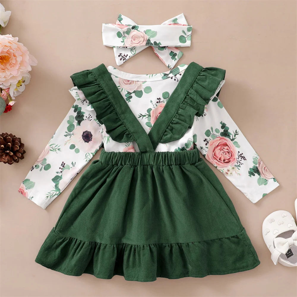 Tenue 3 Pièces Bébé Fille Fleurie – Top Manches Longues + Jupe Bretelles + Bandeau 0-12 Mois