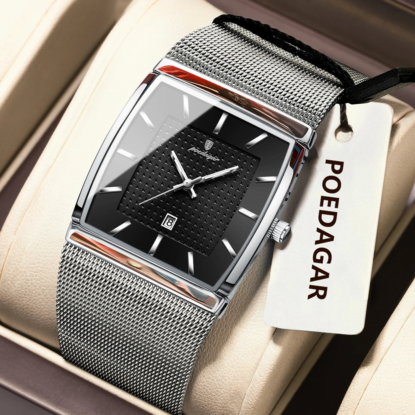 Montre Homme Luxe POEDAGAR Maille Acier Inoxydable Lumineux Date Quartz – Étanche Élégante