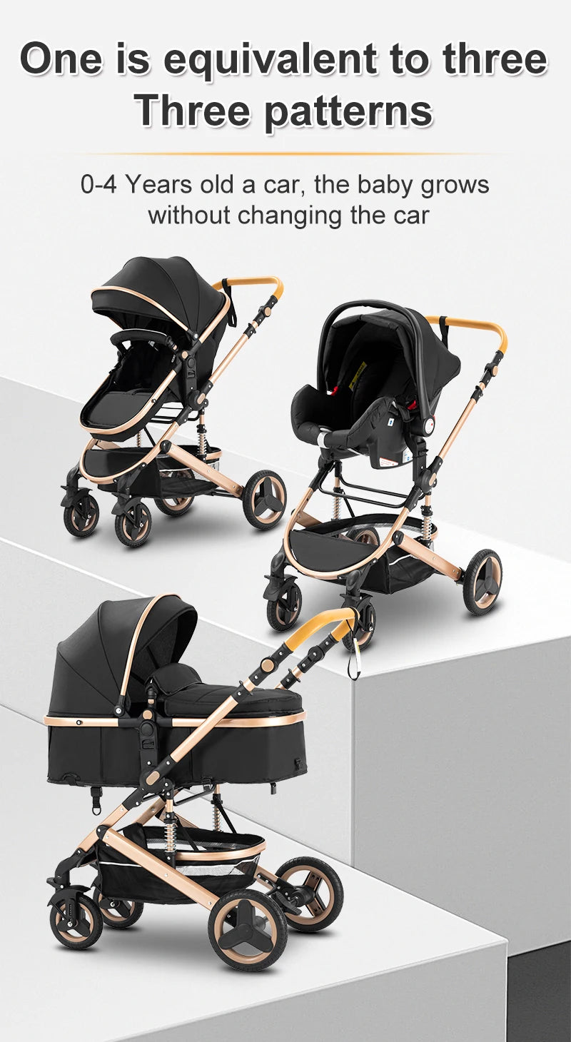 Poussette Bébé 3 en 1 Luxe Pliable Noire – Cadre Aluminium, Haute Vue, Nacelle & Siège | Voyage Nouveau-Né & Nourrisson