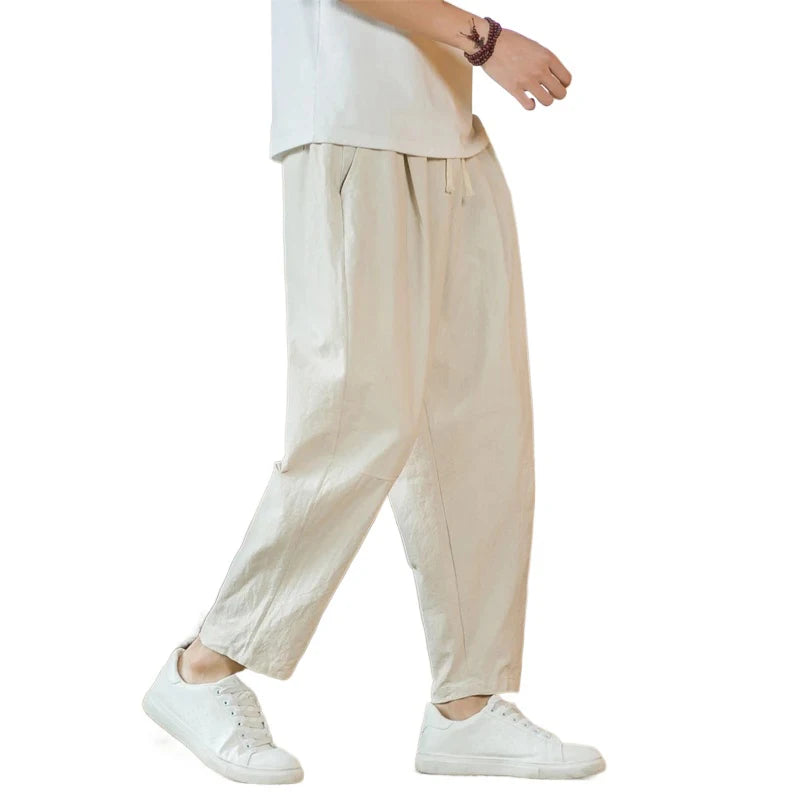 Pantalon Homme Lin Coton Casual Couleur Unie Respirant Loose Straight Baggy Léger – Cordon Streetwear Sport | Mode Homme Confort