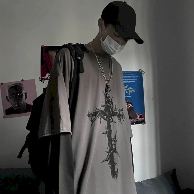 T-Shirt Homme Oversize Manches Longues Croix d'Épines Dark Hip-Hop Y2K Gothic Streetwear Été Tendance – Tee Graphique Dark Aesthetic Unisexe | Mode Streetwear Premium