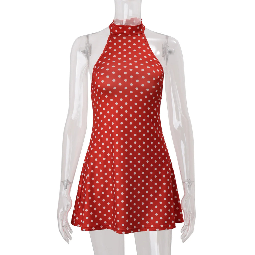 Mini Robe Femme Pois Élégante Épaules Dénudées Dos Nu Taille Haute Halter – Y2K Club & Soirée | Été