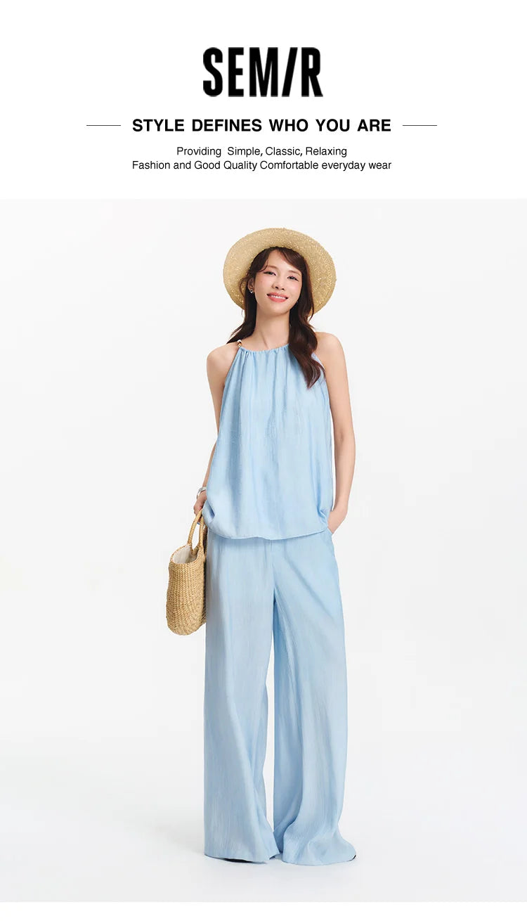 Ensemble 2 Pièces Femme Lin Pantalon Large Nœud Bretelles – Tenue Été Vacances Légère | Semir 2025