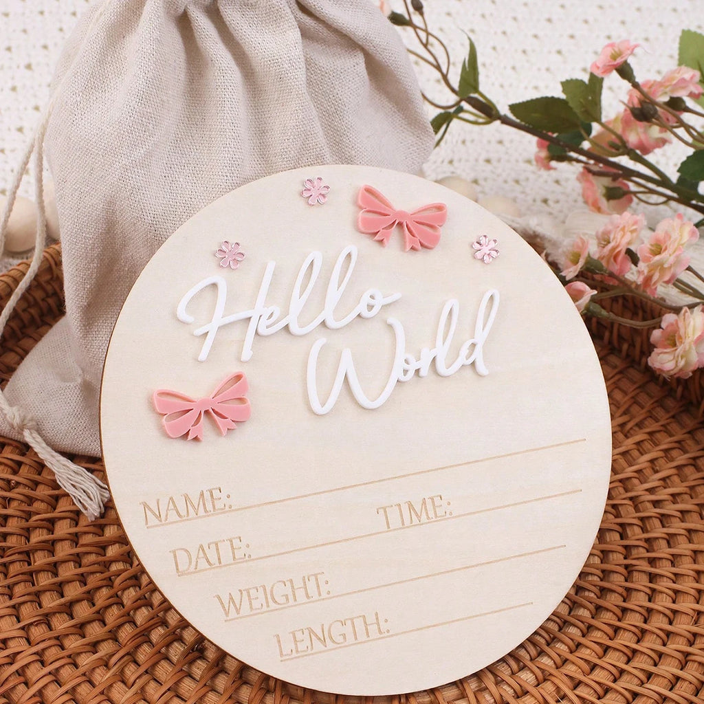 Pancarte Naissance Bébé « Hello World » – Déco Maternité Rose Poudré Papillon Étoile Photo Nouveau-Né