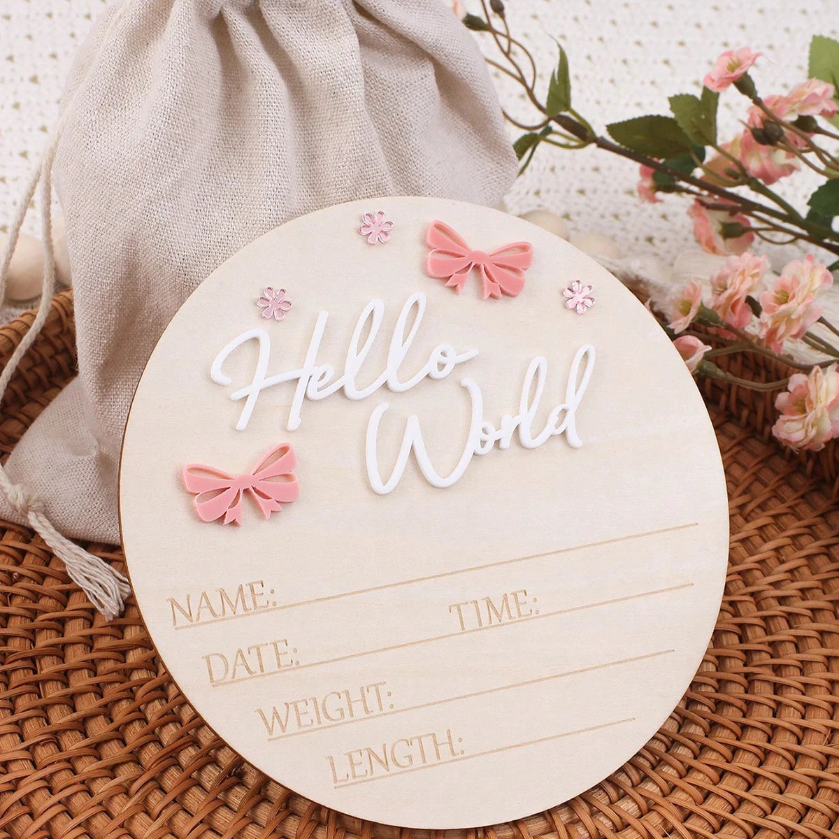 Pancarte Naissance Bébé « Hello World » – Déco Maternité Rose Poudré Papillon Étoile Photo Nouveau-Né
