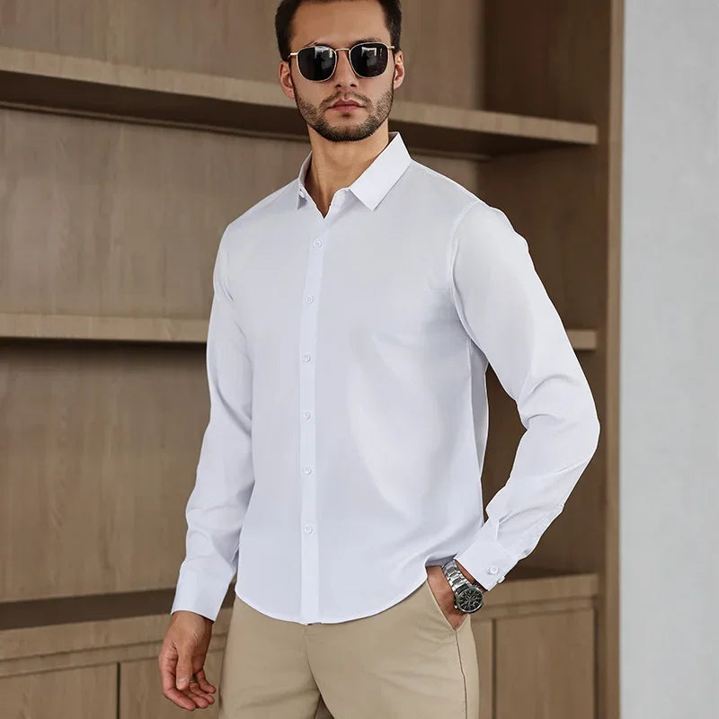 Chemise Homme Business Casual Manches Longues Couleur Unie Anti-Froissage – Confortable Toutes Saisons Polyvalente | Mode Homme Élégant