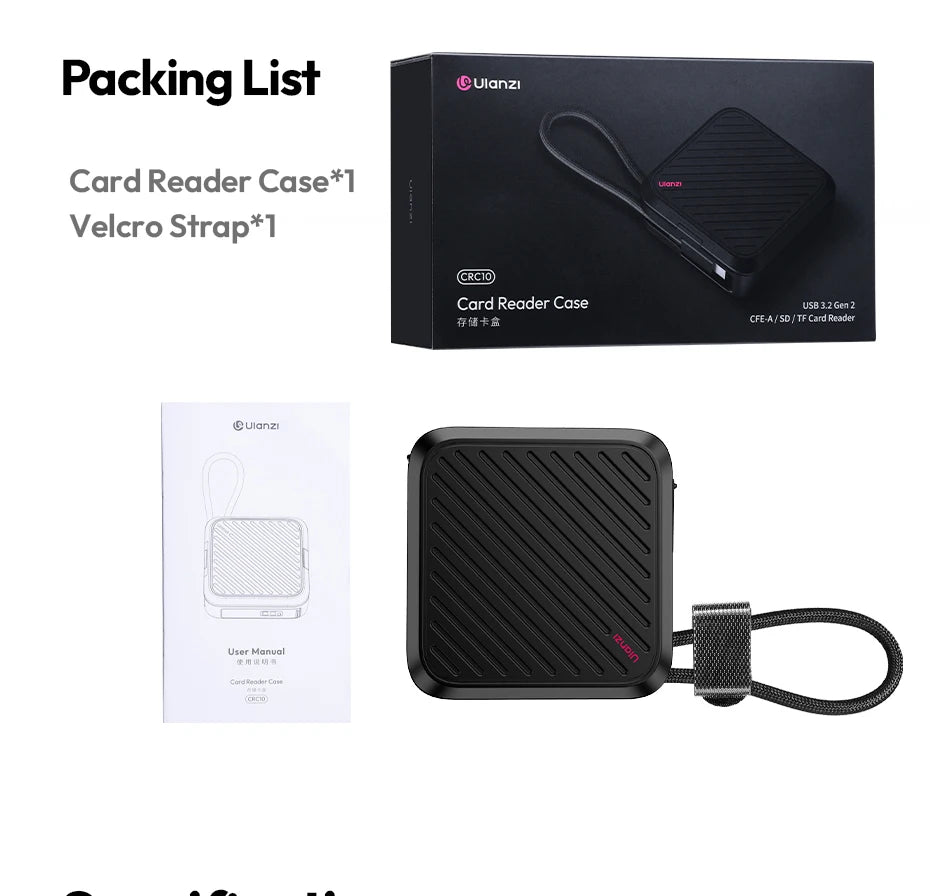 Ulanzi CRC10 Lecteur de Cartes 3 en 1 – CFast/SD/TF 13 Emplacements | USB3.2 Gen2 Transfert Ultra-Rapide