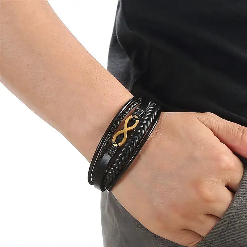 Bracelet Cuir Multi-Rangs Symbole Infini Acier Inoxydable Homme – Style Punk & Biker Authentique | Bijou Homme Streetwear Cadeau Mode Premium