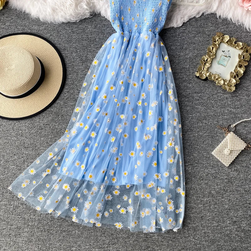Robe Longue Dentelle Mesh Imprimé Marguerites - Bretelles Fines Fronces Sexy Korean Fashion Été