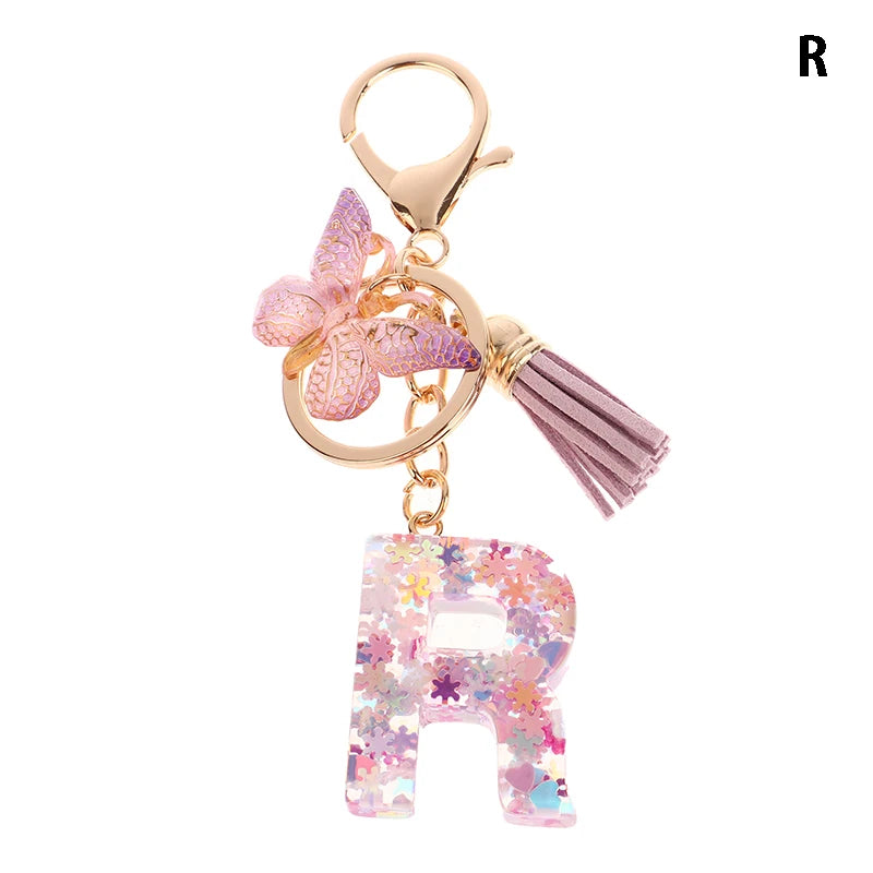Porte-Clés Lettre Initiale Sequins Femme – Pendentif Papillon Pompon Sac Voiture Bijou