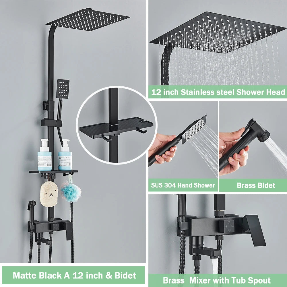 Rozin Ensemble Douche Pluie Mural Noir – Avec Bidet, Étagère & Bec Baignoire | Système Complet Laiton