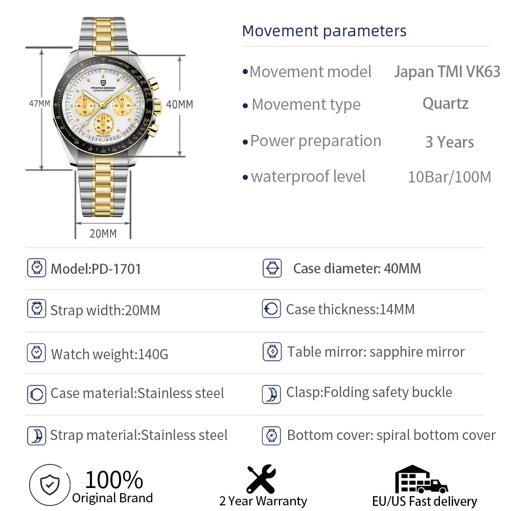 Montre Homme PAGANI DESIGN 2025 Lune Or Argent Quartz – Chronographe Saphir AR Date Auto