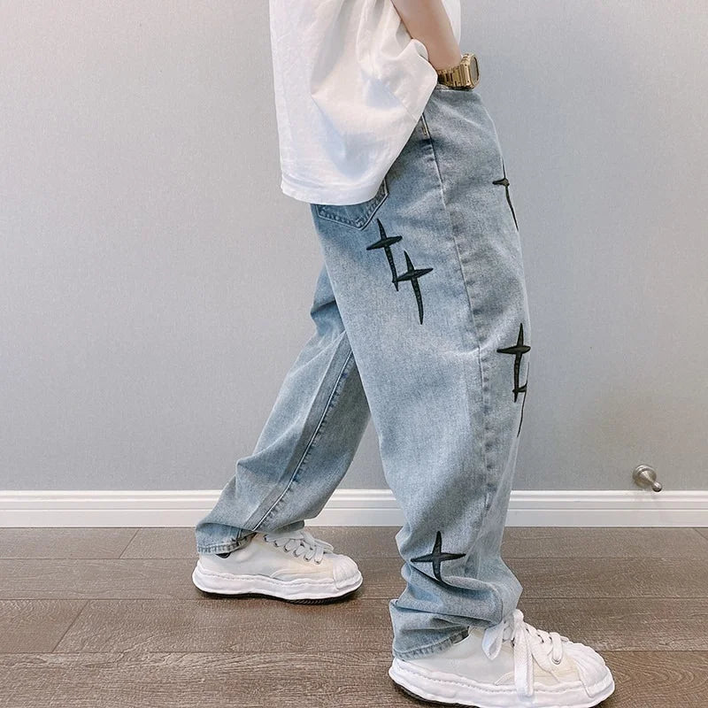 Jean Homme Imprimé Baggy Wide Leg Style Coréen K-Fashion Streetwear Cargo Droit Casual Loose Denim Tendance Urbain – Jean Baggy Premium K-Fashion | Mode Homme Streetwear K-Fashion Premium
