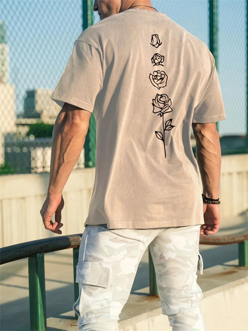 T-Shirt Homme Été Loose Fit 100% Coton Imprimé Roses – Casual Tendance Floral Confortable | Mode Homme Streetwear