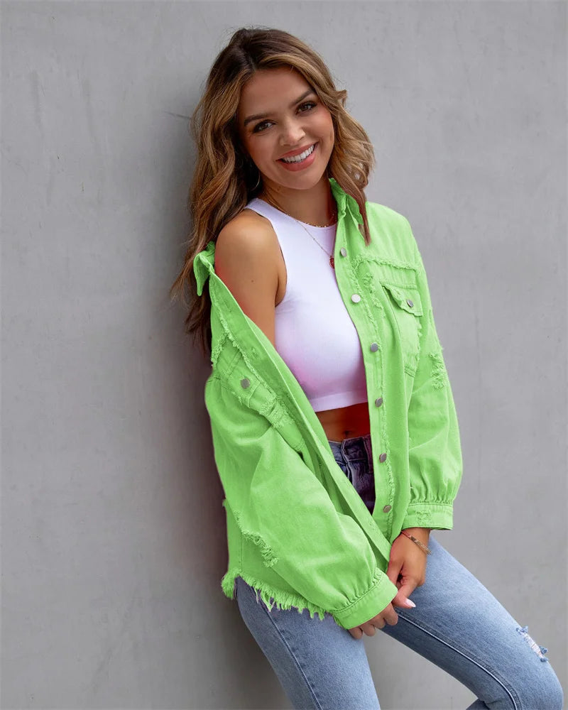 Veste en Jean Femme Bords Bruts Troués – Style Chemise Casual | Printemps Automne Tendance 2025