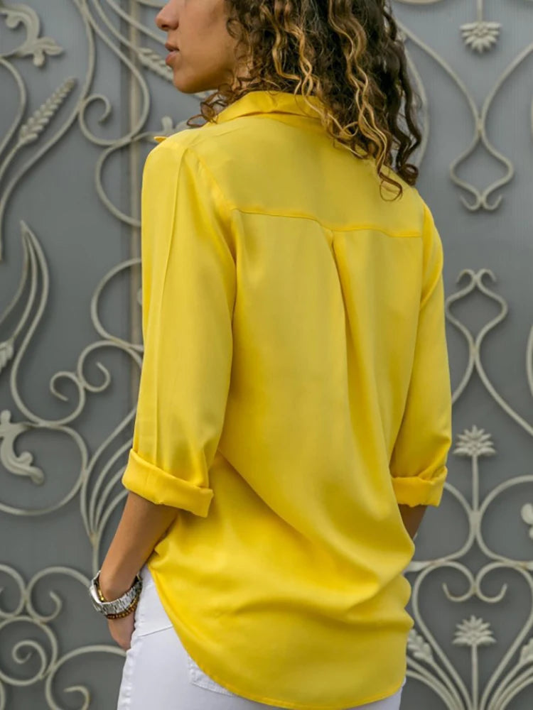 Blouse Chiffon Femme Élégante Unie Col V Manches Longues – Ample Oversize Casual Bureau | Printemps Été