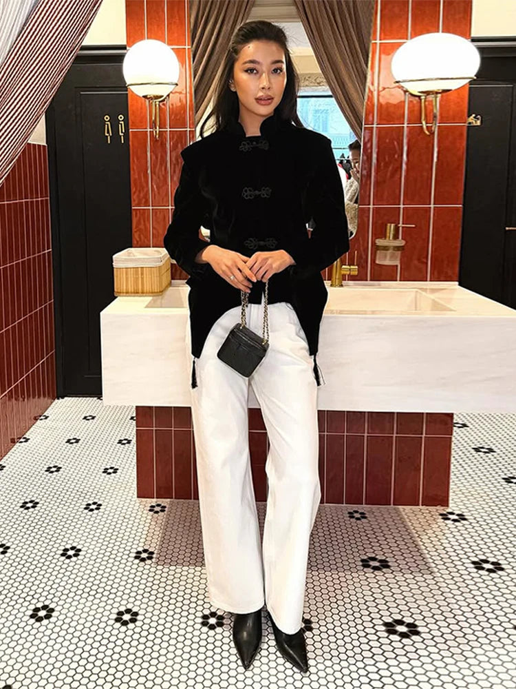 Veste Femme Velours Noir Franges Boutons Nœuds Ourlet Asymétrique Manches Longues Slim – Élégante Streetwear & Bureau