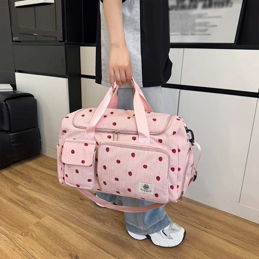 Sac de Voyage Fraise Velours Côtelé – Grande Capacité Bandoulière Léger Sport Fitness Bagage