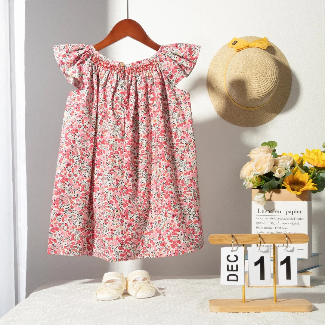 Robe Été Fille Fleurie Smockée Manches Volantes – Tenue Quotidienne Adorable 1-6 Ans