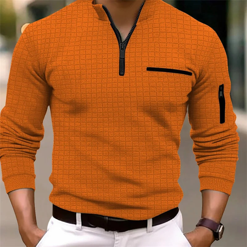 Polo Homme Col Montant Zip À Carreaux Manches Longues Respirant – Sport Business Casual Printemps Automne | Mode Homme Élégant