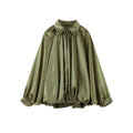 Veste Femme Suède Vert Élégante Manches Bouffantes Revers Fermeture Éclair Ample Plissée – Blouson Court Streetwear Printemps Automne | Mode 2025