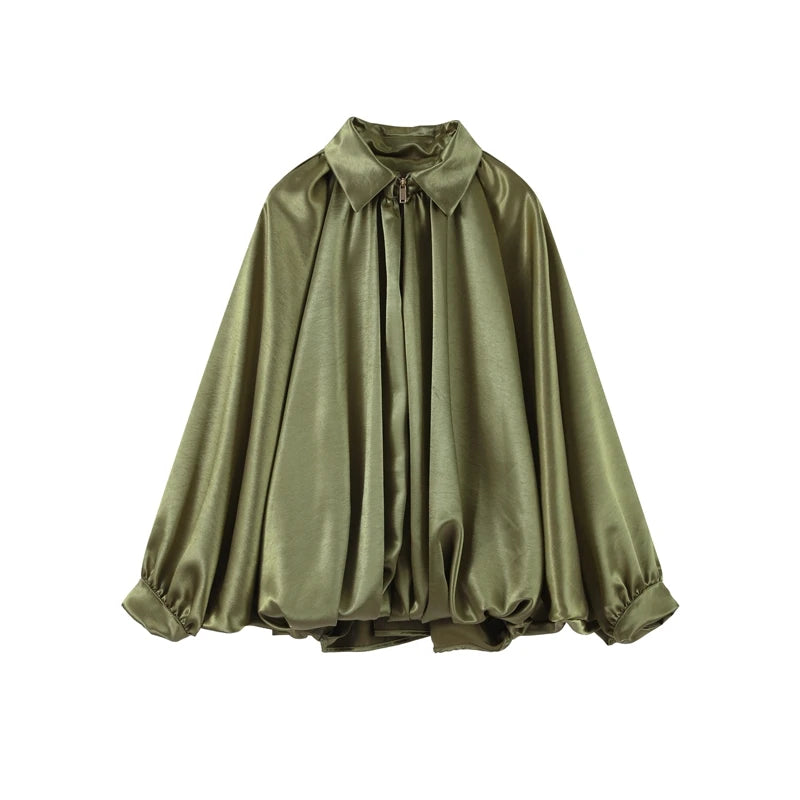 Veste Femme Suède Vert Élégante Manches Bouffantes Revers Fermeture Éclair Ample Plissée – Blouson Court Streetwear Printemps Automne | Mode 2025