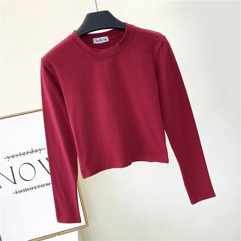 Top Femme Sexy Col Rond Manches Longues Découpe Nombril Basique – Mode Casual & Tendance | Automne