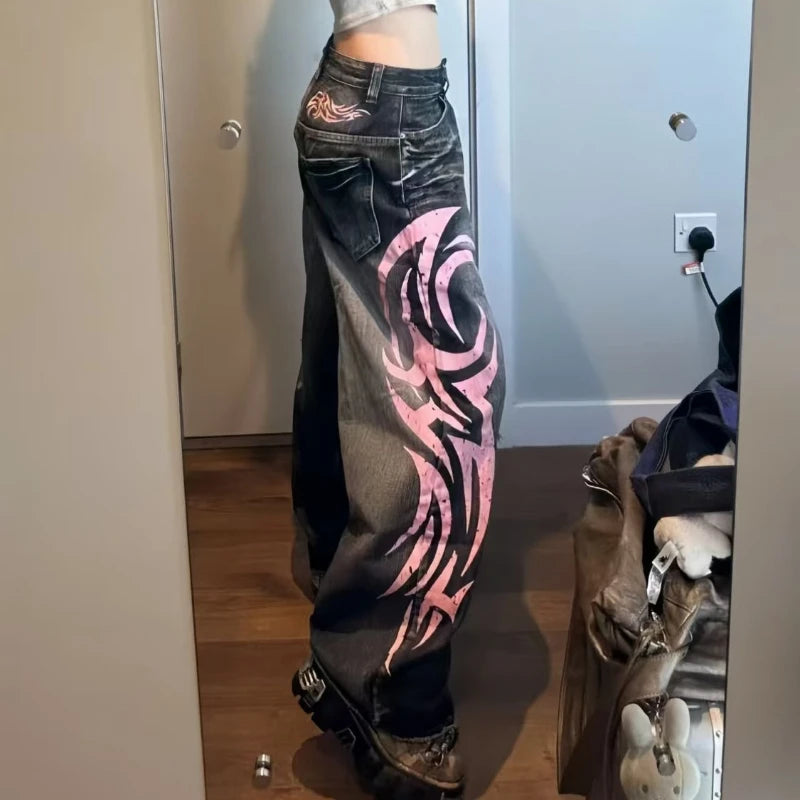 Jean Large Y2K Vintage Imprimé Totem Taille Haute - Baggy Harajuku Hip-hop Streetwear Femme