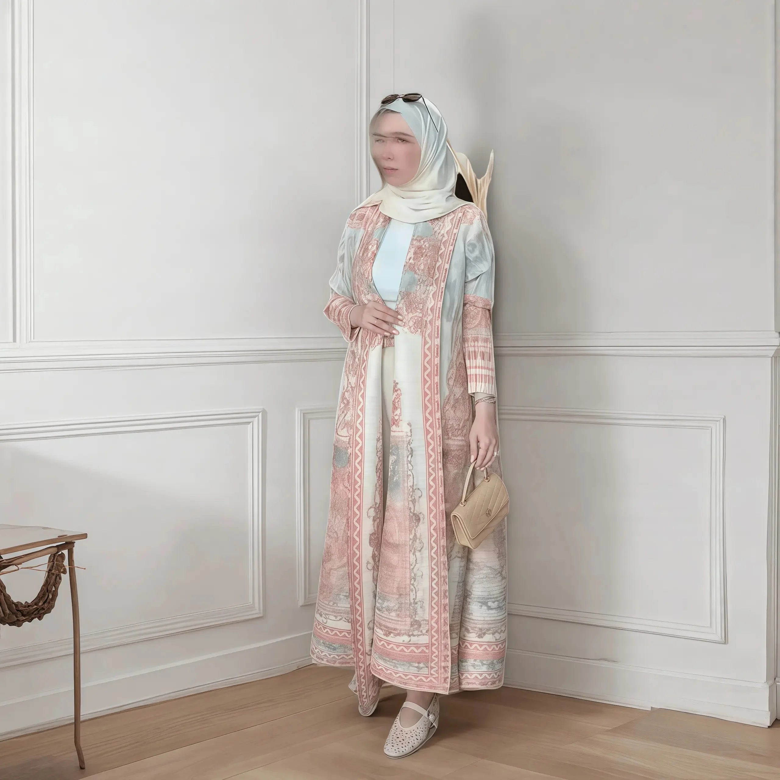 Kimono Cardigan Long Femme Abaya Imprimé Vintage Miyake Fluide Ample – Mode Modesté & Élégance