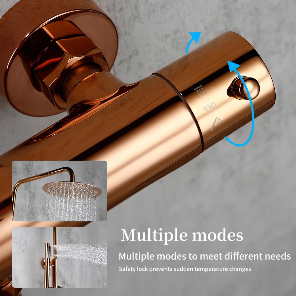Ensemble Douche Thermostatique Mural Rose Gold – Laiton, Pommeau Pluie & Mitigeur | Système Douche Luxe Salle de Bain